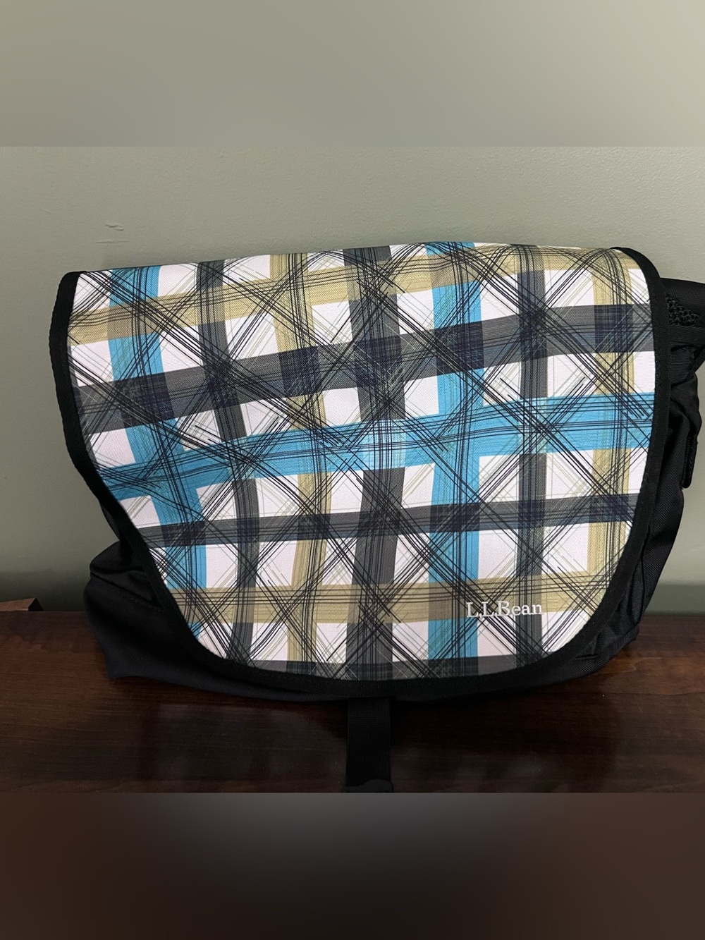 L.L. Bean Plaid Messenger Bag in Blue, Olive & Black